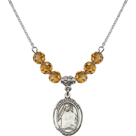 Sterling Silver Saint Edith Stein Birthstone Necklace with Topaz Beads - 8103