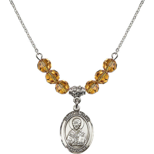 Sterling Silver Saint Timothy Birthstone Necklace with Topaz Beads - 8105