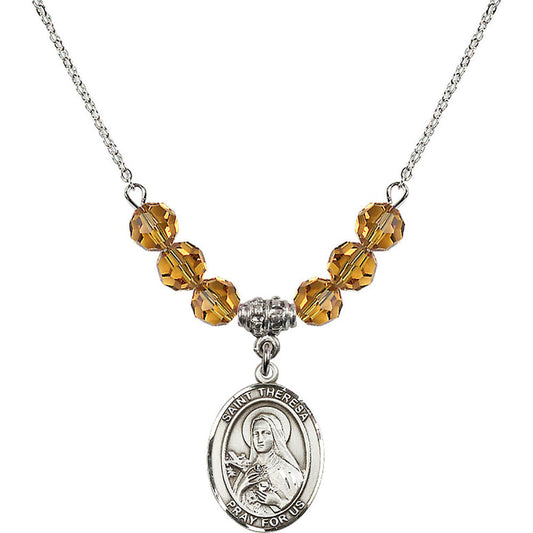 Sterling Silver Saint Theresa Birthstone Necklace with Topaz Beads - 8106