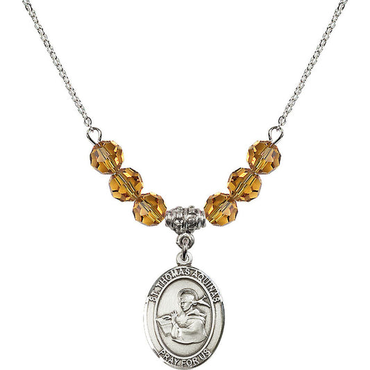 Sterling Silver Saint Thomas Aquinas Birthstone Necklace with Topaz Beads - 8108