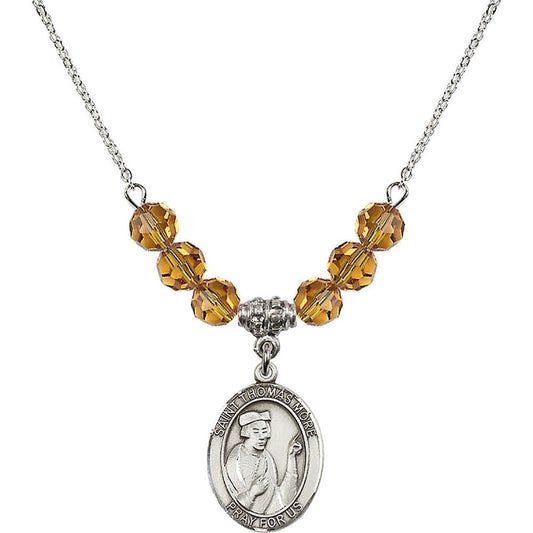 Sterling Silver Saint Thomas More Birthstone Necklace with Topaz Beads - 8109