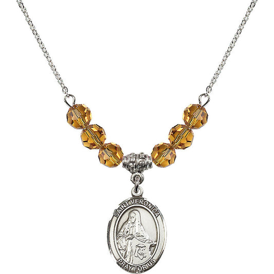 Sterling Silver Saint Veronica Birthstone Necklace with Topaz Beads - 8110