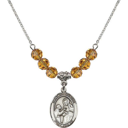 Sterling Silver Saint John of God Birthstone Necklace with Topaz Beads - 8112