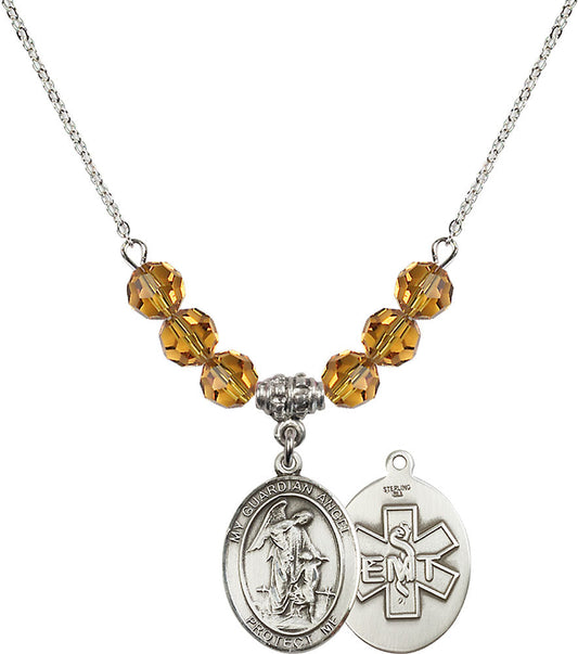 Sterling Silver Guardian Angel / EMT Birthstone Necklace with Topaz Beads - 8118