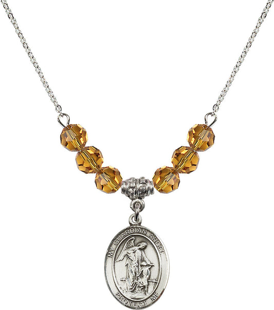 Sterling Silver Guardian Angel w/Child Birthstone Necklace with Topaz Beads - 8118