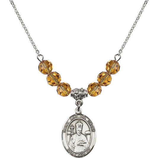 Sterling Silver Saint Leo the Great Birthstone Necklace with Topaz Beads - 8120