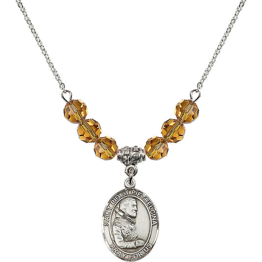 Sterling Silver Saint Pio of Pietrelcina Birthstone Necklace with Topaz Beads - 8125