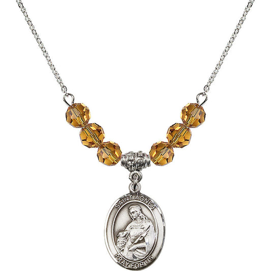 Sterling Silver Saint Agnes of Rome Birthstone Necklace with Topaz Beads - 8128