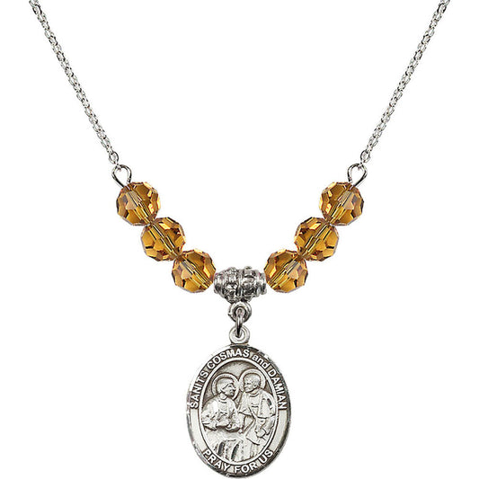 Sterling Silver Saints Cosmas & Damian Birthstone Necklace with Topaz Beads - 8132