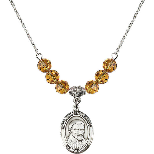 Sterling Silver Saint Vincent De Paul Birthstone Necklace with Topaz Beads - 8134