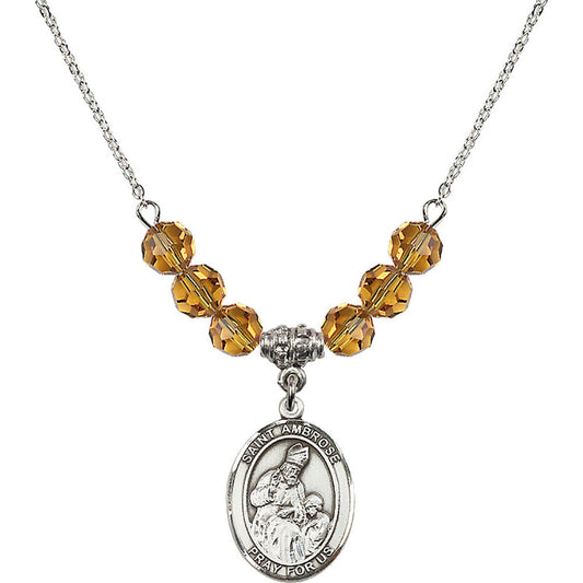 Sterling Silver Saint Ambrose Birthstone Necklace with Topaz Beads - 8137
