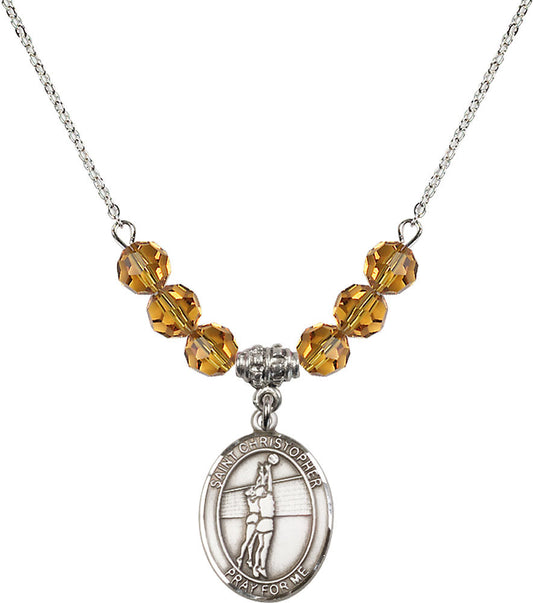 Sterling Silver Saint Christopher/Volleyball Birthstone Necklace with Topaz Beads - 8138