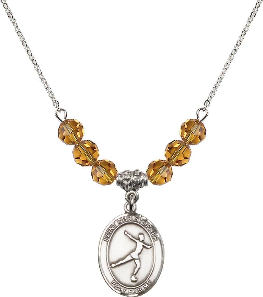 Sterling Silver Saint Christopher/Figure Skating Birthstone Necklace with Topaz Beads - 8139