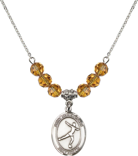 Sterling Silver Saint Christopher/Figure Skating Birthstone Necklace with Topaz Beads - 8139