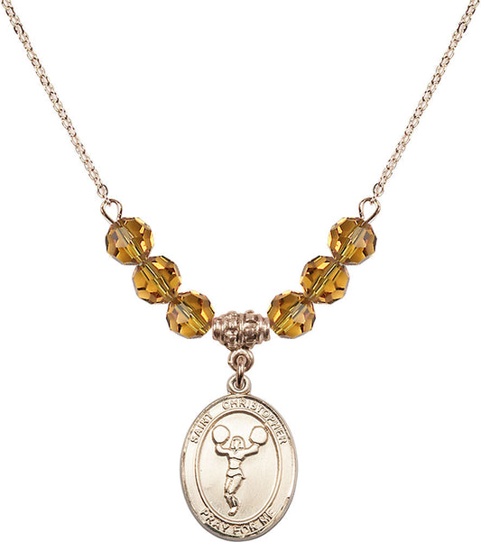 14kt Gold Filled Saint Christopher/Cheerleading Birthstone Necklace with Topaz Beads - 8140