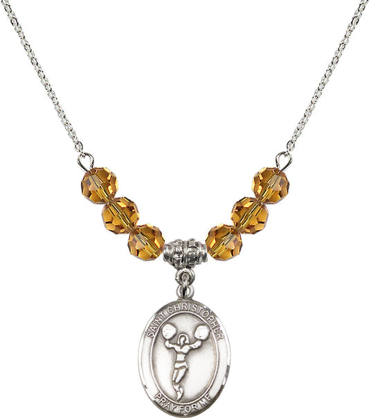 Sterling Silver Saint Christopher/Cheerleading Birthstone Necklace with Topaz Beads - 8140