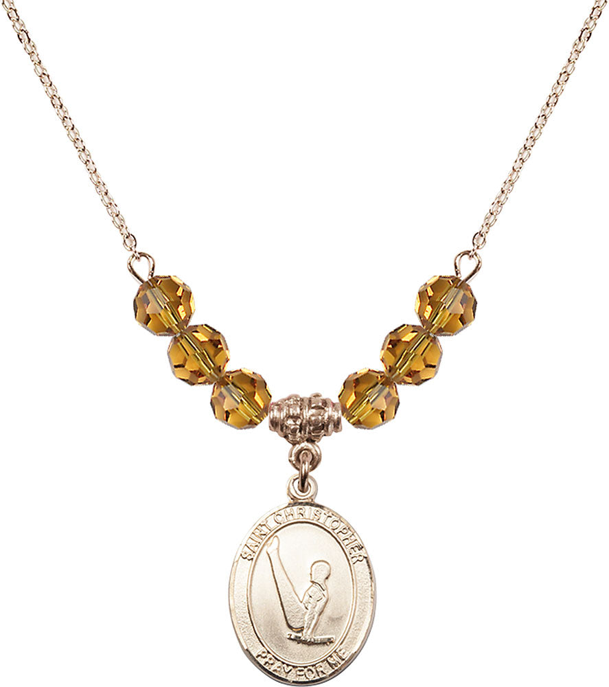 14kt Gold Filled Saint Christopher/Gymnastics Birthstone Necklace with Topaz Beads - 8142