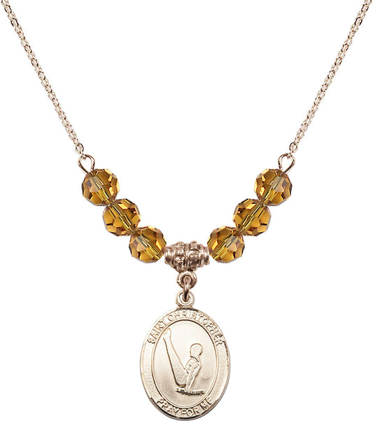 14kt Gold Filled Saint Christopher/Gymnastics Birthstone Necklace with Topaz Beads - 8142