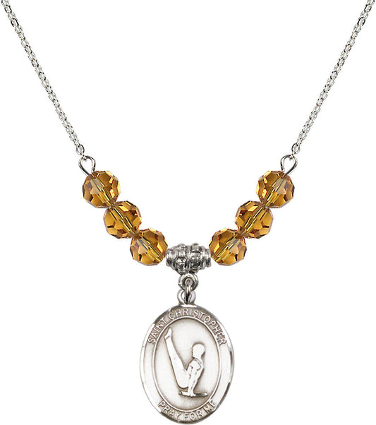 Sterling Silver Saint Christopher/Gymnastics Birthstone Necklace with Topaz Beads - 8142