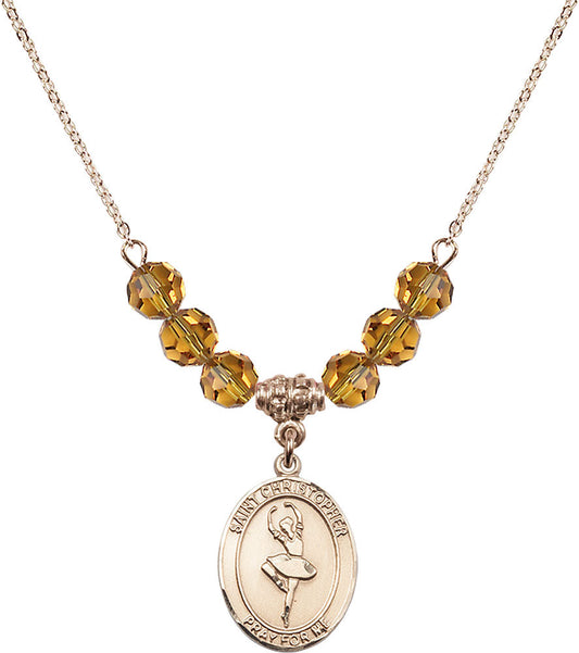 14kt Gold Filled Saint Christopher/Dance Birthstone Necklace with Topaz Beads - 8143