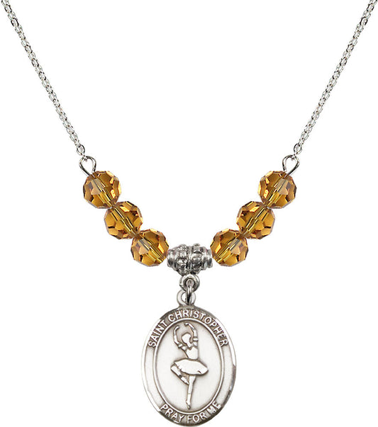 Sterling Silver Saint Christopher/Dance Birthstone Necklace with Topaz Beads - 8143