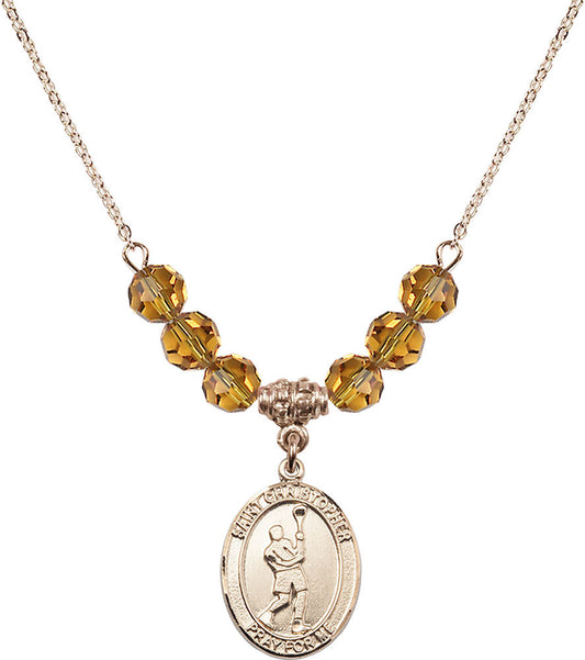 14kt Gold Filled Saint Christopher/Lacrosse Birthstone Necklace with Topaz Beads - 8144