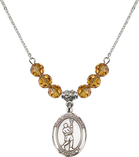 Sterling Silver Saint Christopher/Lacrosse Birthstone Necklace with Topaz Beads - 8144