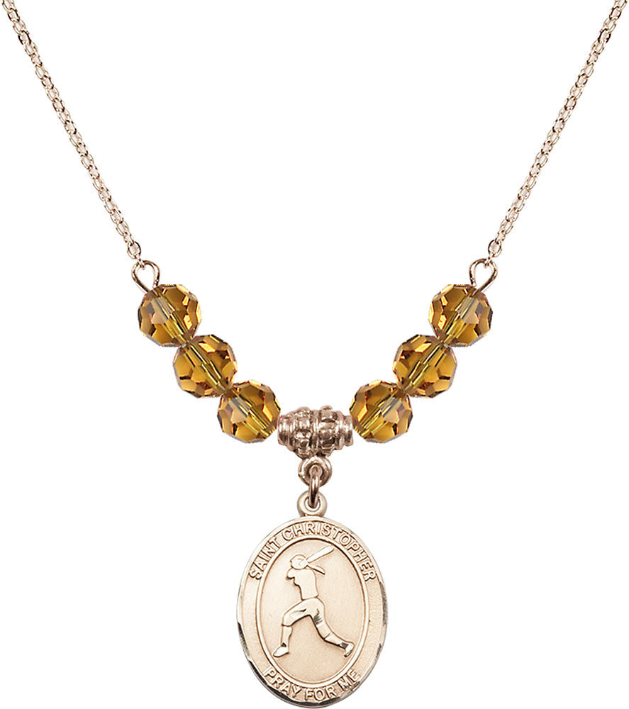 14kt Gold Filled Saint Christopher/Softball Birthstone Necklace with Topaz Beads - 8145