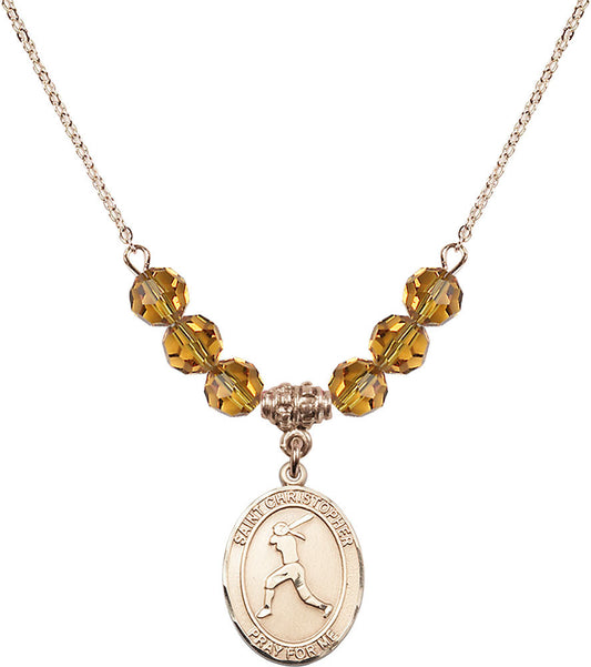 14kt Gold Filled Saint Christopher/Softball Birthstone Necklace with Topaz Beads - 8145