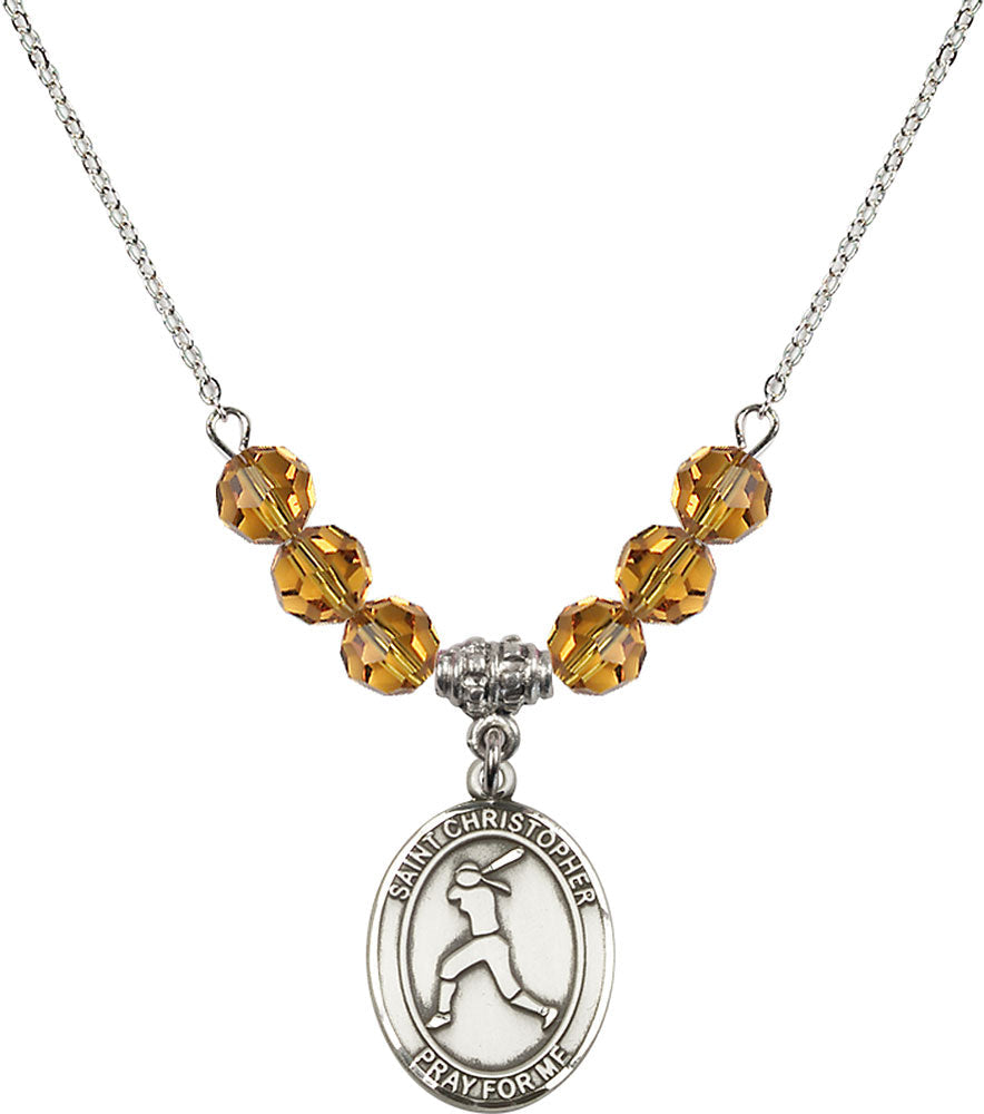 Sterling Silver Saint Christopher/Softball Birthstone Necklace with Topaz Beads - 8145