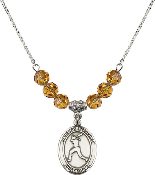 Sterling Silver Saint Christopher/Softball Birthstone Necklace with Topaz Beads - 8145