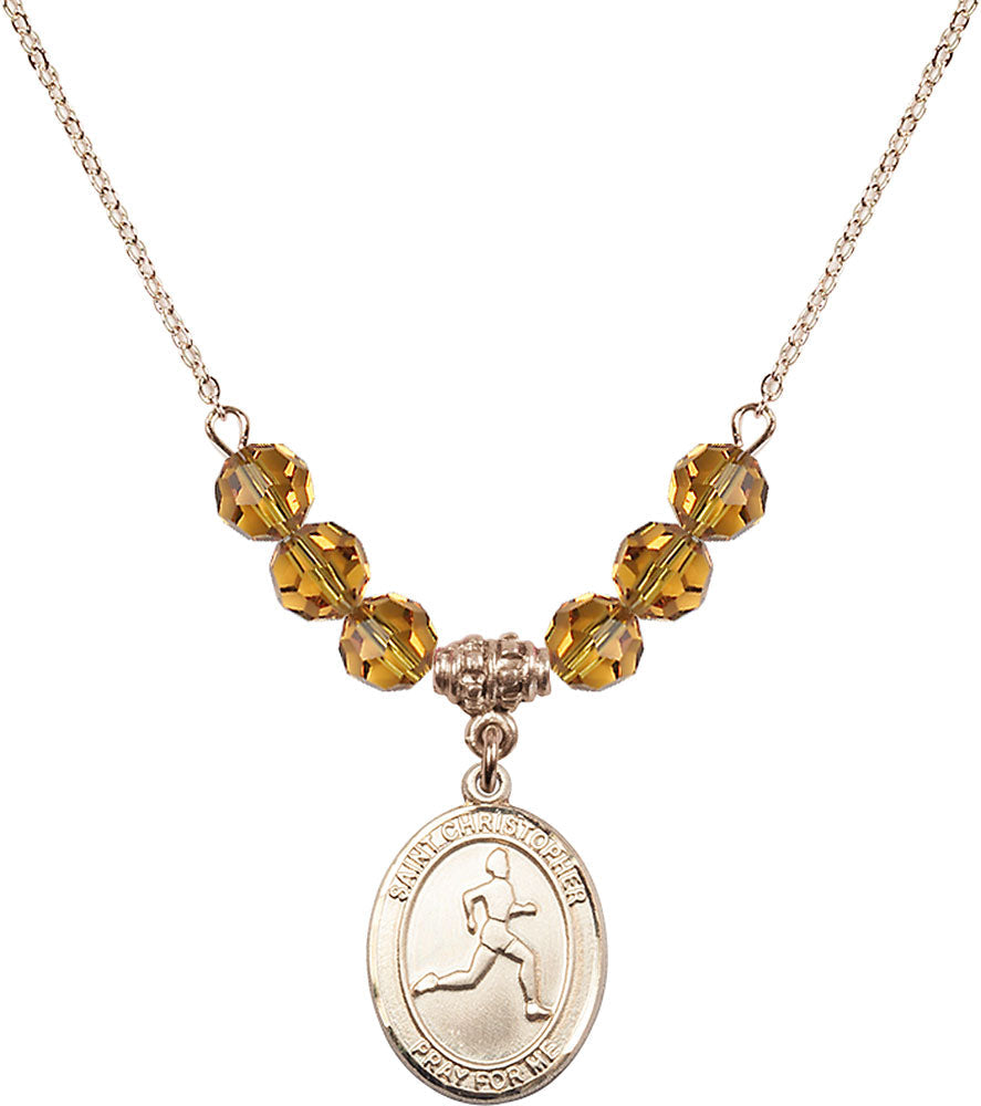 14kt Gold Filled Saint Christopher/Track & Field Birthstone Necklace with Topaz Beads - 8149