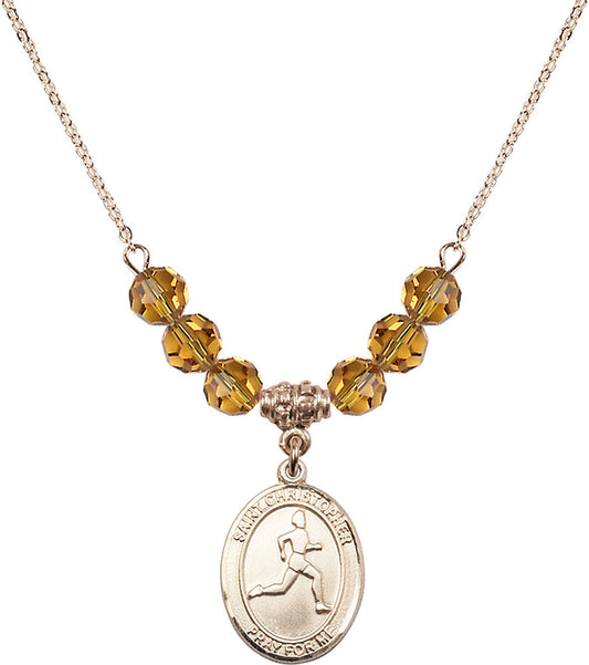 14kt Gold Filled Saint Christopher/Track & Field Birthstone Necklace with Topaz Beads - 8149