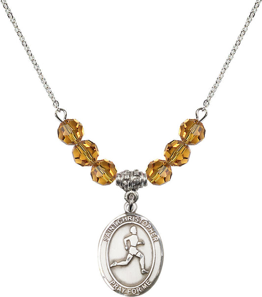 Sterling Silver Saint Christopher/Track & Field Birthstone Necklace with Topaz Beads - 8149