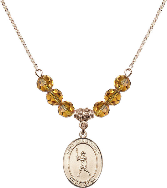 14kt Gold Filled Saint Christopher/Baseball Birthstone Necklace with Topaz Beads - 8150