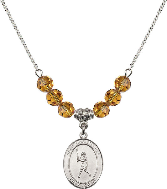 Sterling Silver Saint Christopher/Baseball Birthstone Necklace with Topaz Beads - 8150