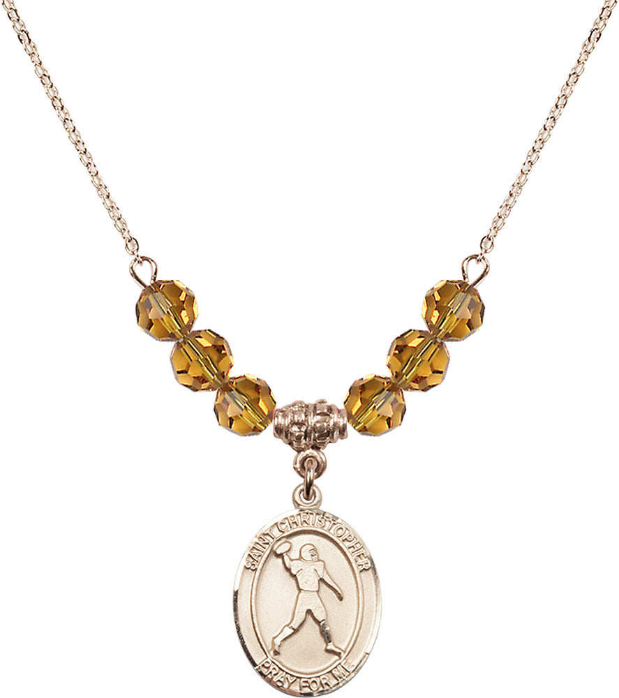 14kt Gold Filled Saint Christopher/Football Birthstone Necklace with Topaz Beads - 8151