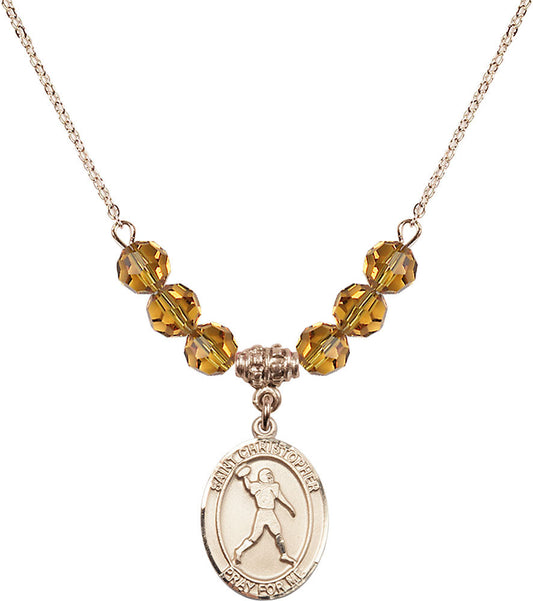 14kt Gold Filled Saint Christopher/Football Birthstone Necklace with Topaz Beads - 8151