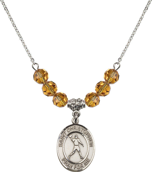 Sterling Silver Saint Christopher/Football Birthstone Necklace with Topaz Beads - 8151