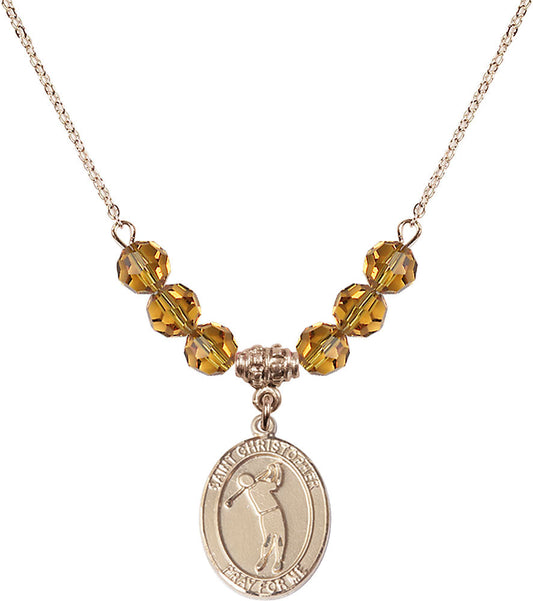 14kt Gold Filled Saint Christopher/Golf Birthstone Necklace with Topaz Beads - 8152
