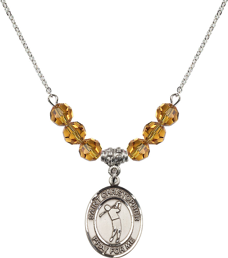 Sterling Silver Saint Christopher/Golf Birthstone Necklace with Topaz Beads - 8152