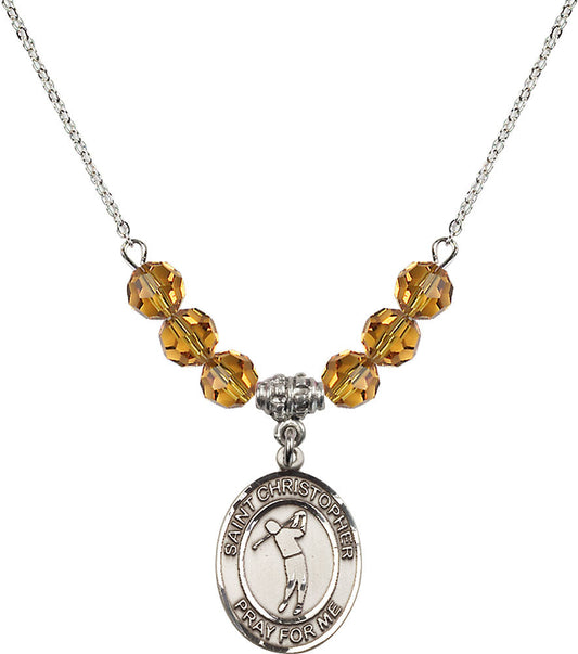 Sterling Silver Saint Christopher/Golf Birthstone Necklace with Topaz Beads - 8152