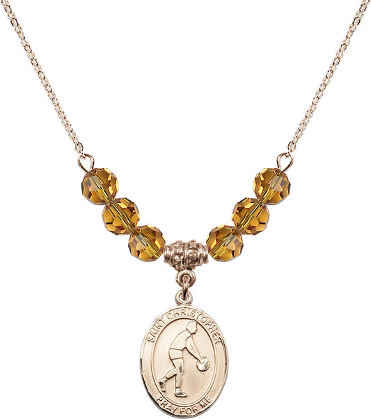14kt Gold Filled Saint Christopher/Basketball Birthstone Necklace with Topaz Beads - 8153