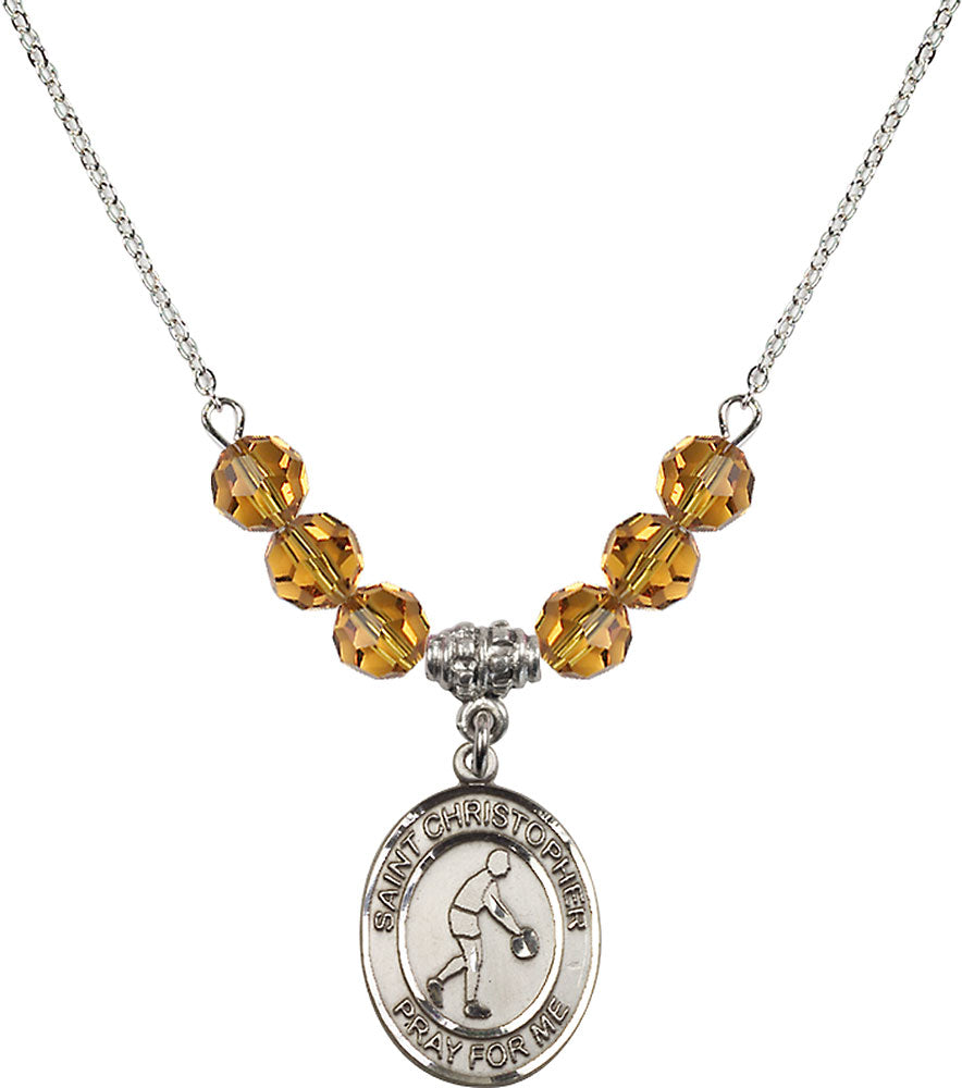 Sterling Silver Saint Christopher/Basketball Birthstone Necklace with Topaz Beads - 8153