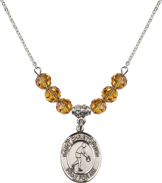 Sterling Silver Saint Christopher/Basketball Birthstone Necklace with Topaz Beads - 8153