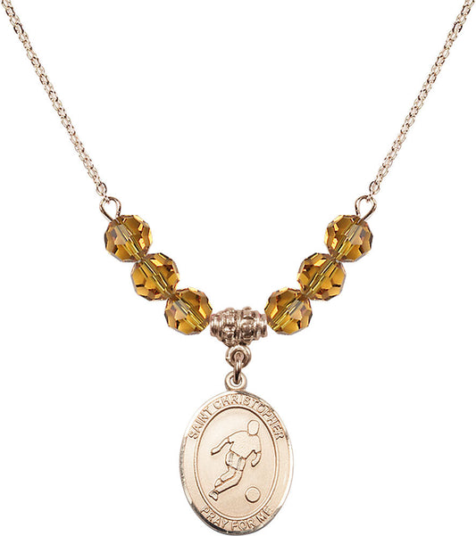 14kt Gold Filled Saint Christopher/Soccer Birthstone Necklace with Topaz Beads - 8154