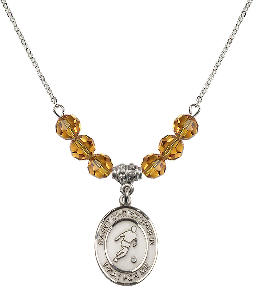 Sterling Silver Saint Christopher/Soccer Birthstone Necklace with Topaz Beads - 8154
