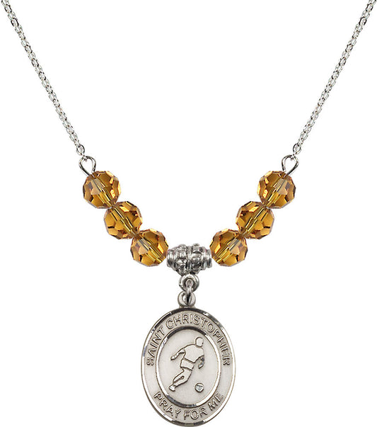 Sterling Silver Saint Christopher/Soccer Birthstone Necklace with Topaz Beads - 8154