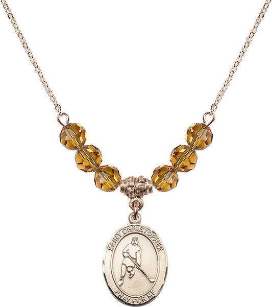 14kt Gold Filled Saint Christopher/Ice Hockey Birthstone Necklace with Topaz Beads - 8155