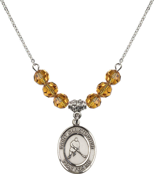 Sterling Silver Saint Christopher/Ice Hockey Birthstone Necklace with Topaz Beads - 8155